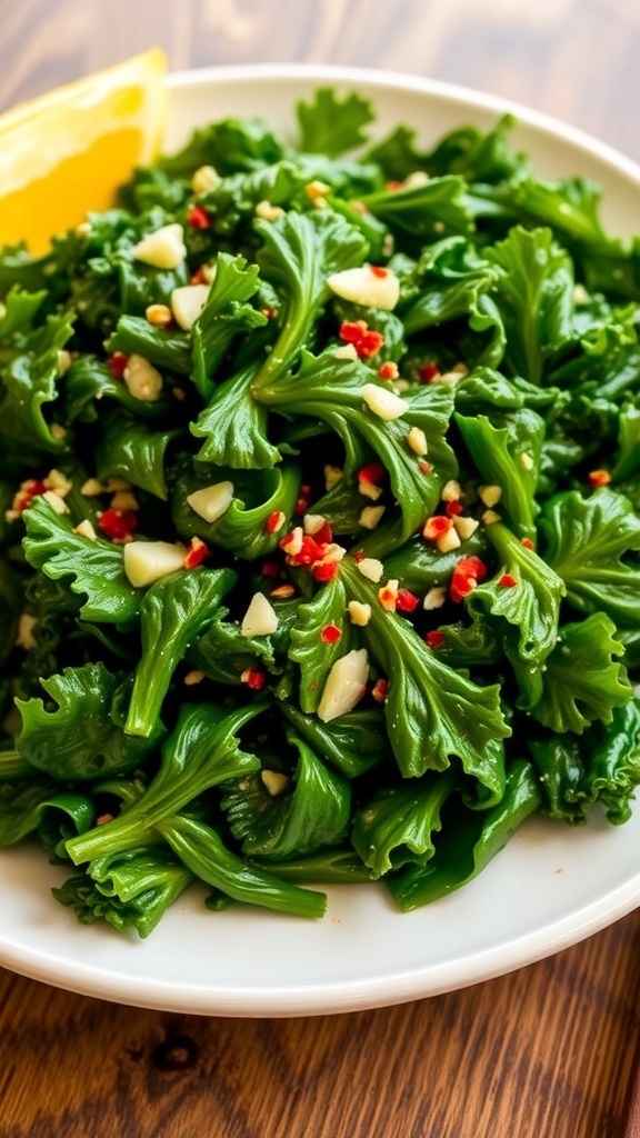 A plate of sautéed kale leaves with garlic and red pepper flakes on a rustic table.